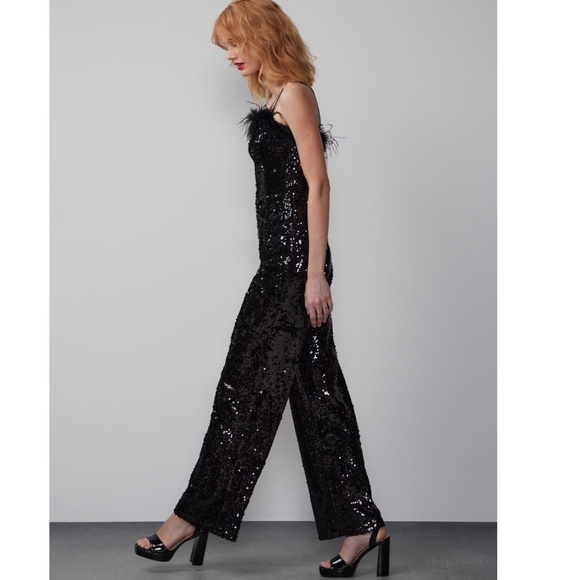 NEW YORK AND COMPANY feather trim sequin jumpsuit size small NWOT - Picture 2 of 5